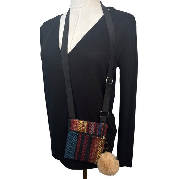 2/$30 Small Crossbody Bag Multicolor Stripes Adjustable Camel Mink Pom Pom - Picture 1 of 8